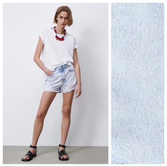 NWT. Zara Z1975 Snow Wash High Rise Frayed Ripped Denim Shorts. Size 8. - Picture 2 of 10